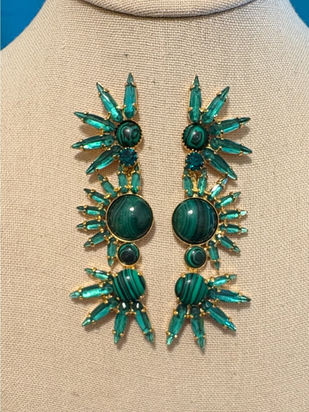 Elizabeth Cole Landyn earrings green malachite cabochon & crystal dangle 3”
